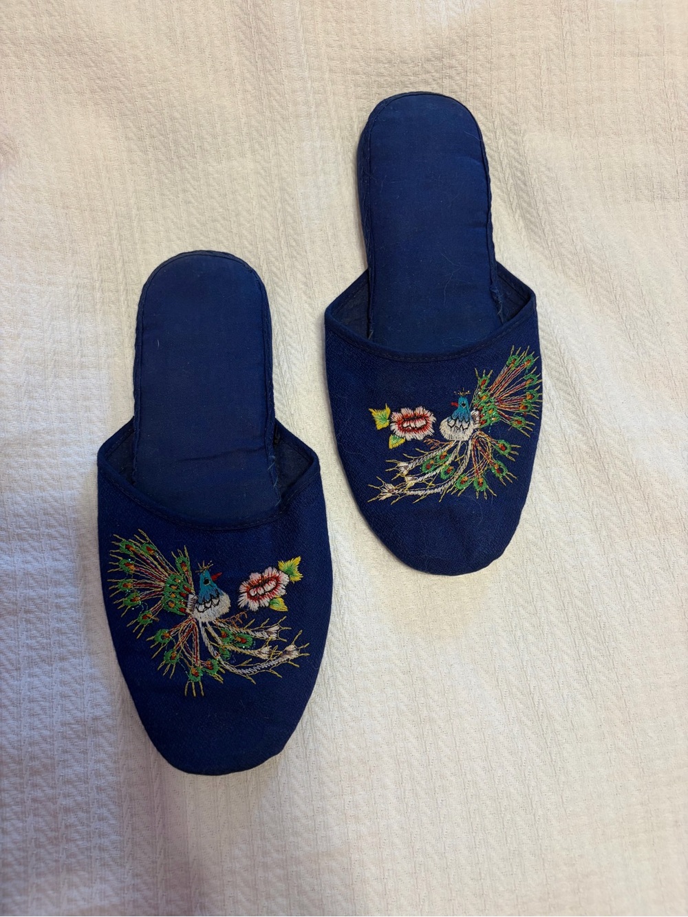 Embroidered Peacock Navy Slip-On Women's Slippers